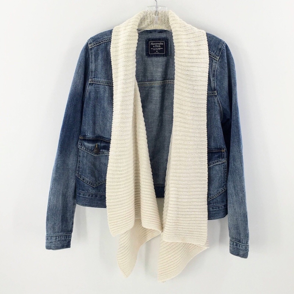 Abercrombie & Fitch Womens Denim Jacket Blue Jean Attached Sweater Scarf Sz M - Picture 9 of 11